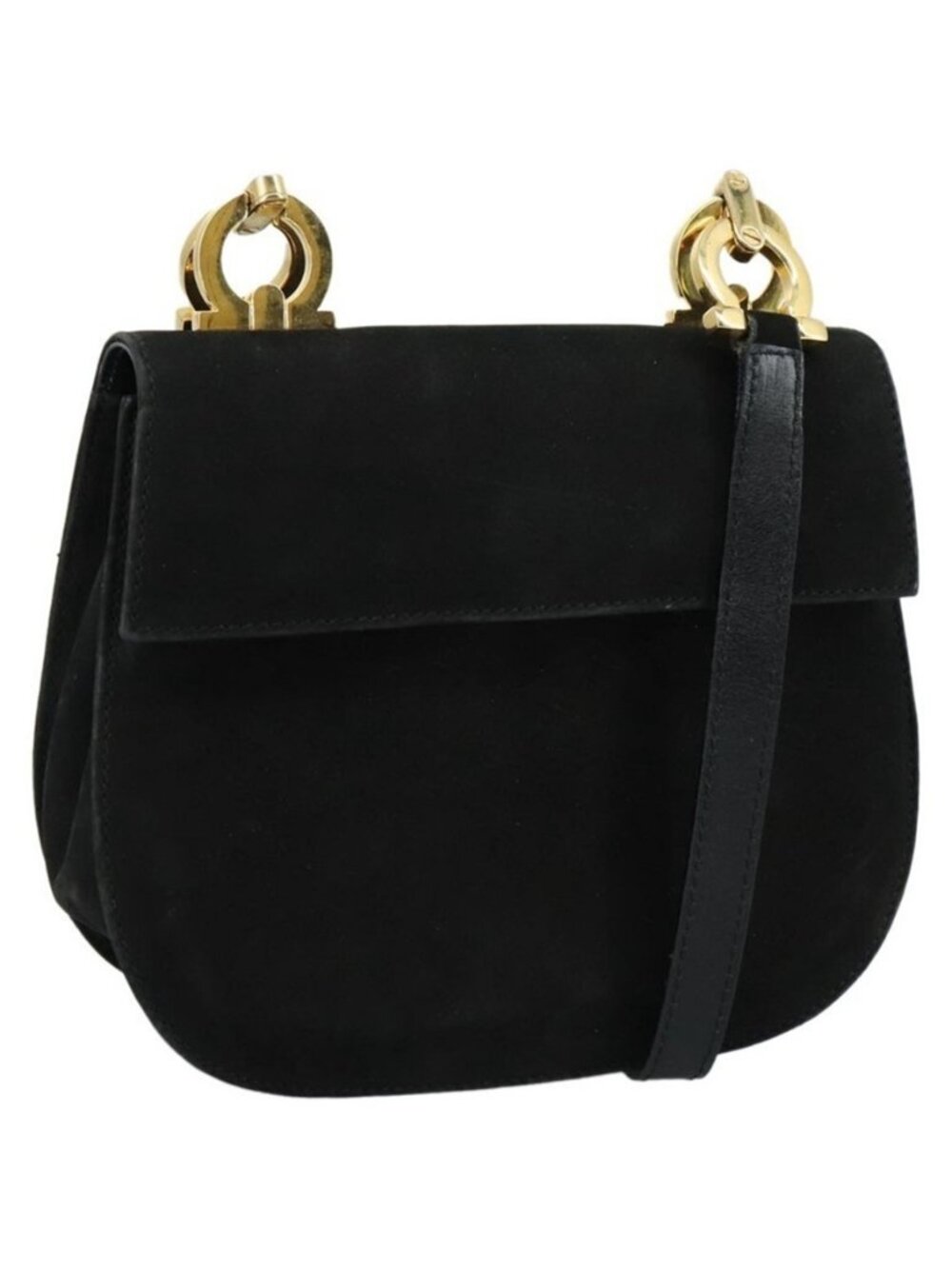 Authentic Salvatore Ferragamo Gancini Shoulder Bag Suede Black Gold
